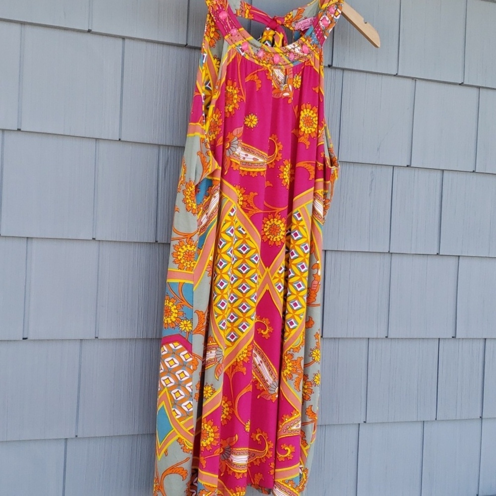 Joyous & Free Womens Vibrant Pink and Yellow Halter Sleeveless Sundress, Sz L